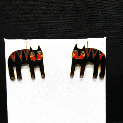 Vintage Laurel Burch Black Cat Post Earrings, Black Red Enamel, Gold Plated