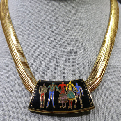Laurel Burch "Familia" Cloisonne Necklace, Gold Plated Omega Chain, 1980s Vintage Jewelry