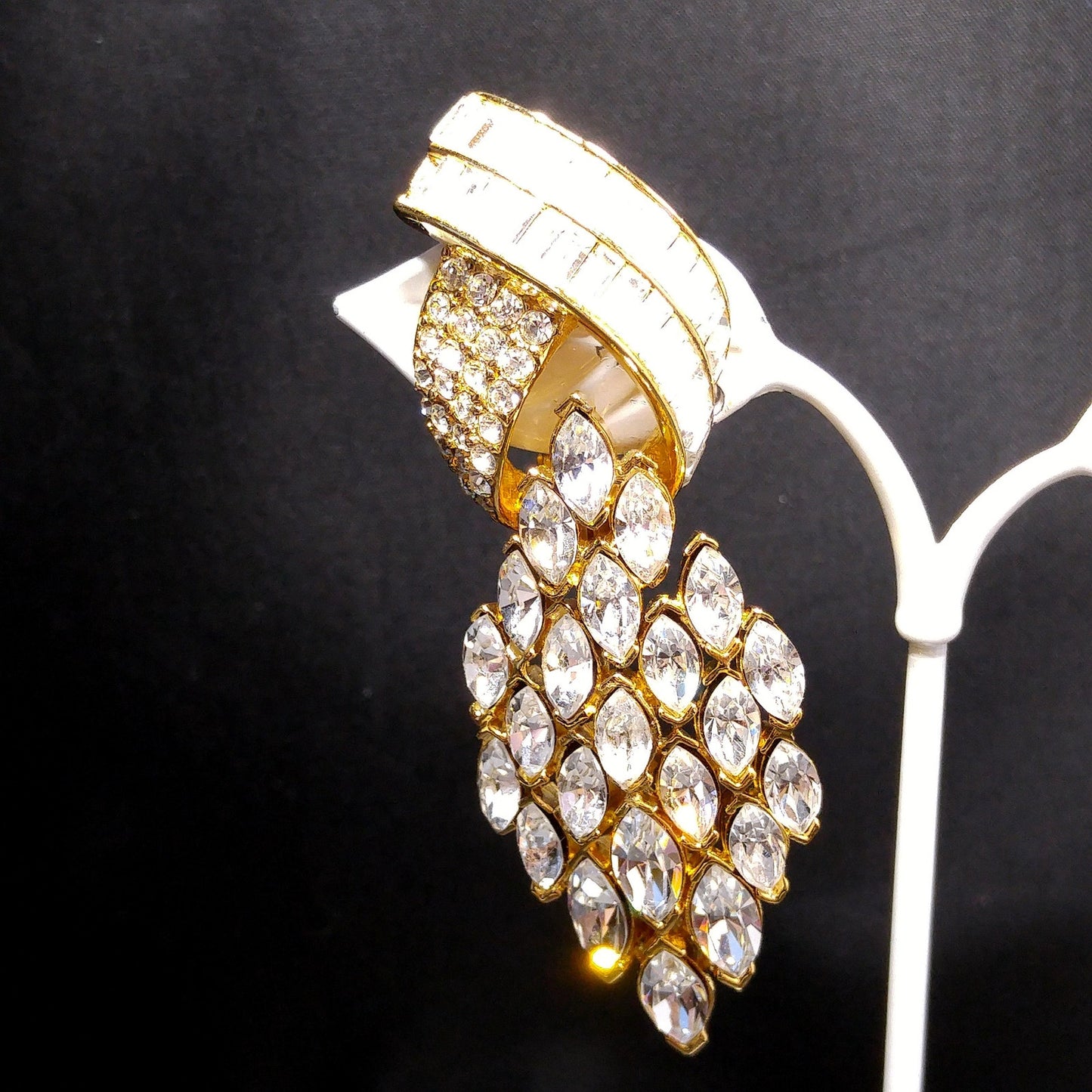 Vintage CINER Runway Clear Rhinestone Long Clip Earrings, Gold Plated