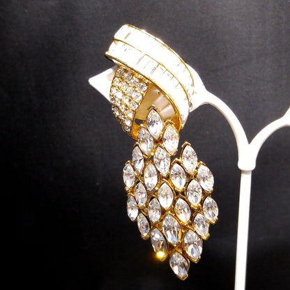 Vintage CINER Runway Clear Rhinestone Long Clip Earrings, Gold Plated