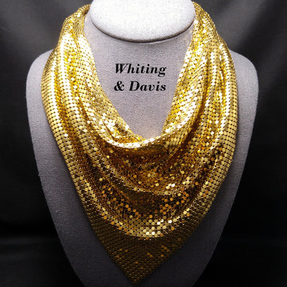 Whiting & Davis Gold Mesh Necklace, Disco Gold Plated, 1970s Vintage Necklace