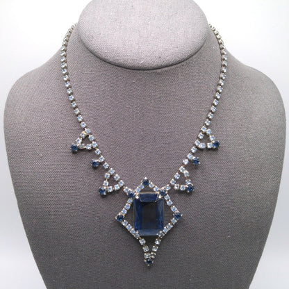 Mid-Century Blue Glass Pendant Necklace, Dark Light Blue Rhinestones, 1950s Vintage Jewelry