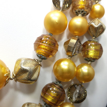 Vintage 1950s Gold Glass Bead Necklace, 3 Strand Mid-Century Statement Jewelry
