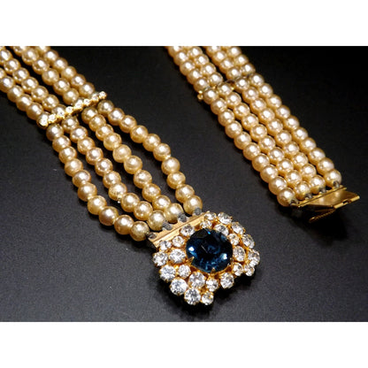 Blue Rhinestone Faux Pearl Collar Necklace, Three Strands, 14 Inches, 1950 Vintage Jewelry