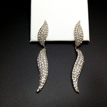 Vintage CINER Modernist Pave Clear Rhinestone Dangle Clip on Earrings, Rhodium Plated