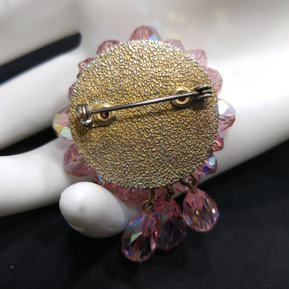 Pink Aurora Borealis Beaded Brooch, Three Bead Dangles, 1960s Vintage Jewelry