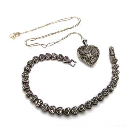 Marsala Silver Heart Locket Necklace & Bracelet, 925 Box Chain, 1980s Vintage Jewelry