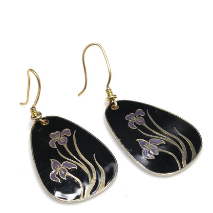 Vintage Laurel Burch Black Enamel Purple Lily Earrings, Gold Plated
