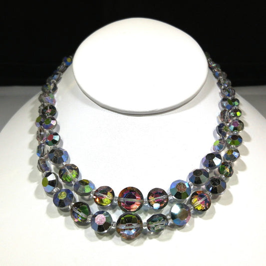 Rare Aurora Borealis Aspirin Bead Necklace, 2 Strands, Swarovski Crystal Beads, 1950s Vintage Jewelry