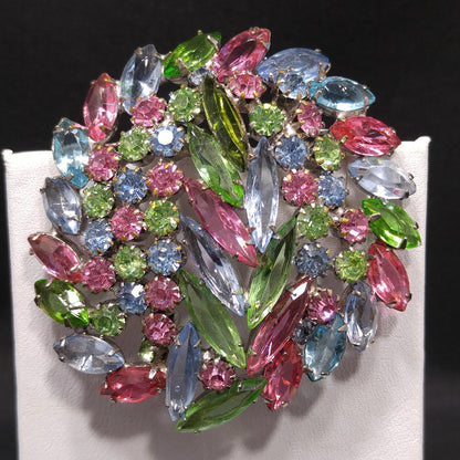 Pastel Rhinestone Floral Brooch, Rhodium Plated, Open Back Stones, 1960s Vintage Jewelry