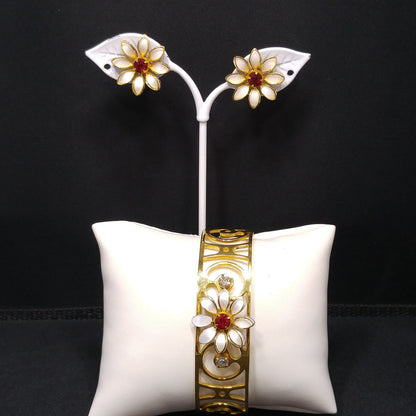 Bugbee & Niles Floral Cuff Bracelet Screw-back Earrings Set, Red Rhinestones, 1940s