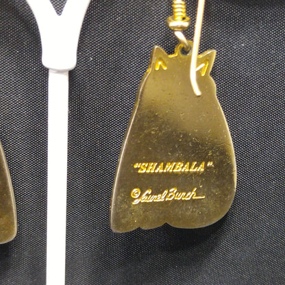 Laurel Burch Shambala Cat Earrings, White Gray Enamel, Gold Plated, 1980s Vintage Jewelry
