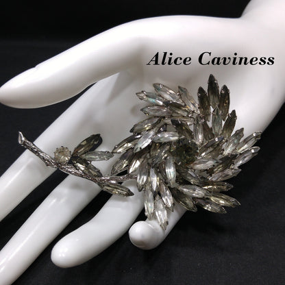 Alice Caviness Large Rhinestone Flower Brooch, Rhodium Plated, 1960s Vintage Jewelry