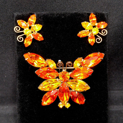 Orange & Topaz Rhinestone Butterfly Brooch Earrings Set, Gold Plating, 1960s