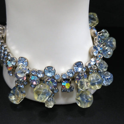 Light Blue AB Rhinestone Bracelet, Glass Dangle Clear Beads, Rhodium Plated, 1950s Vintage Jewelry