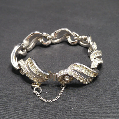 Kramer of New York Clear Rhinestone Bracelet, Rhodium Plated, Safety Chain, 1950s Vintage Jewelry