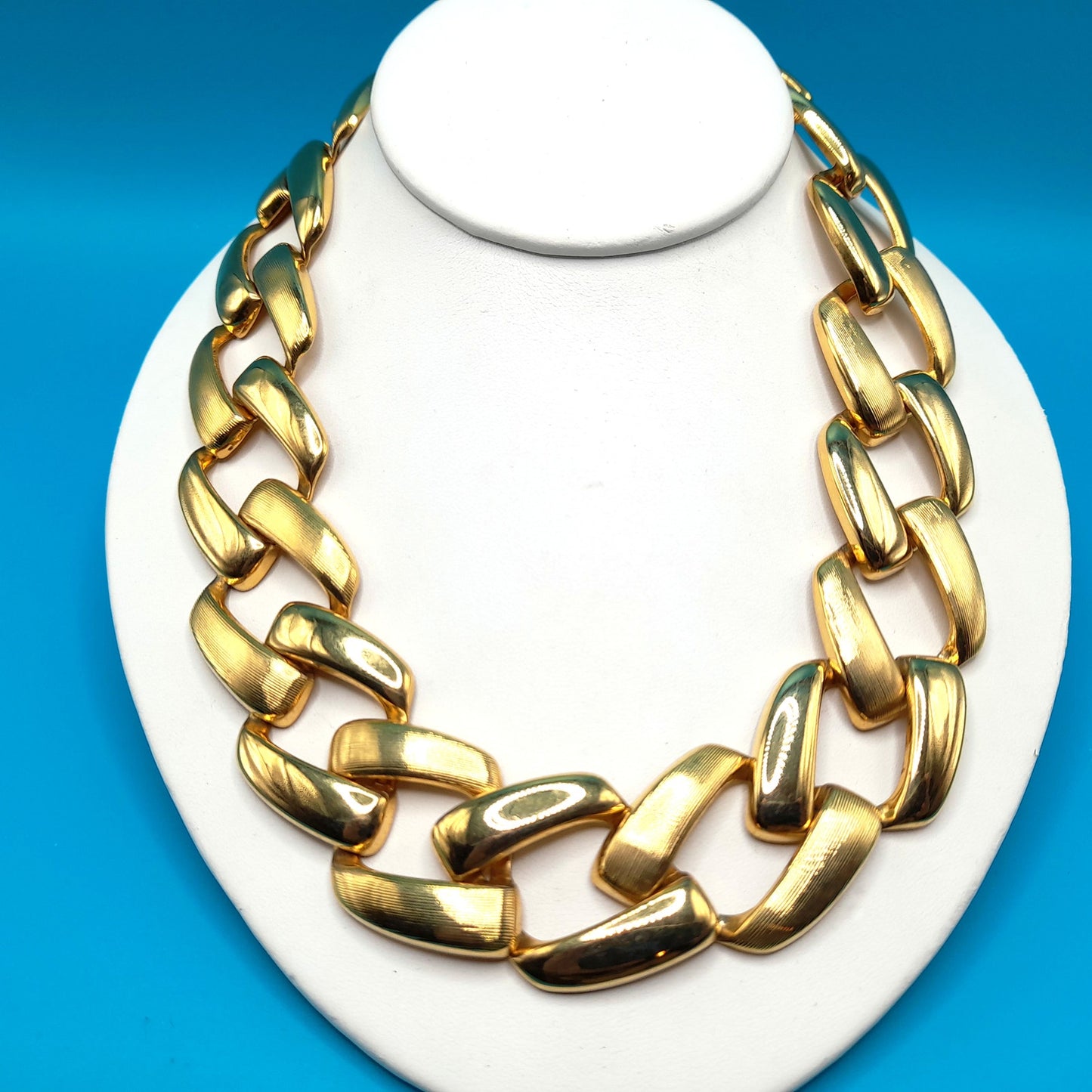 Vintage Chain Choker Necklace, Interlocking Gold Tone, 1980s