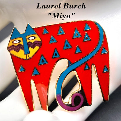 Laurel Burch "Miyo" Red Cat Brooch, Cloisonne Enamel, Gold Plated, 1980s Vintage Jewelry