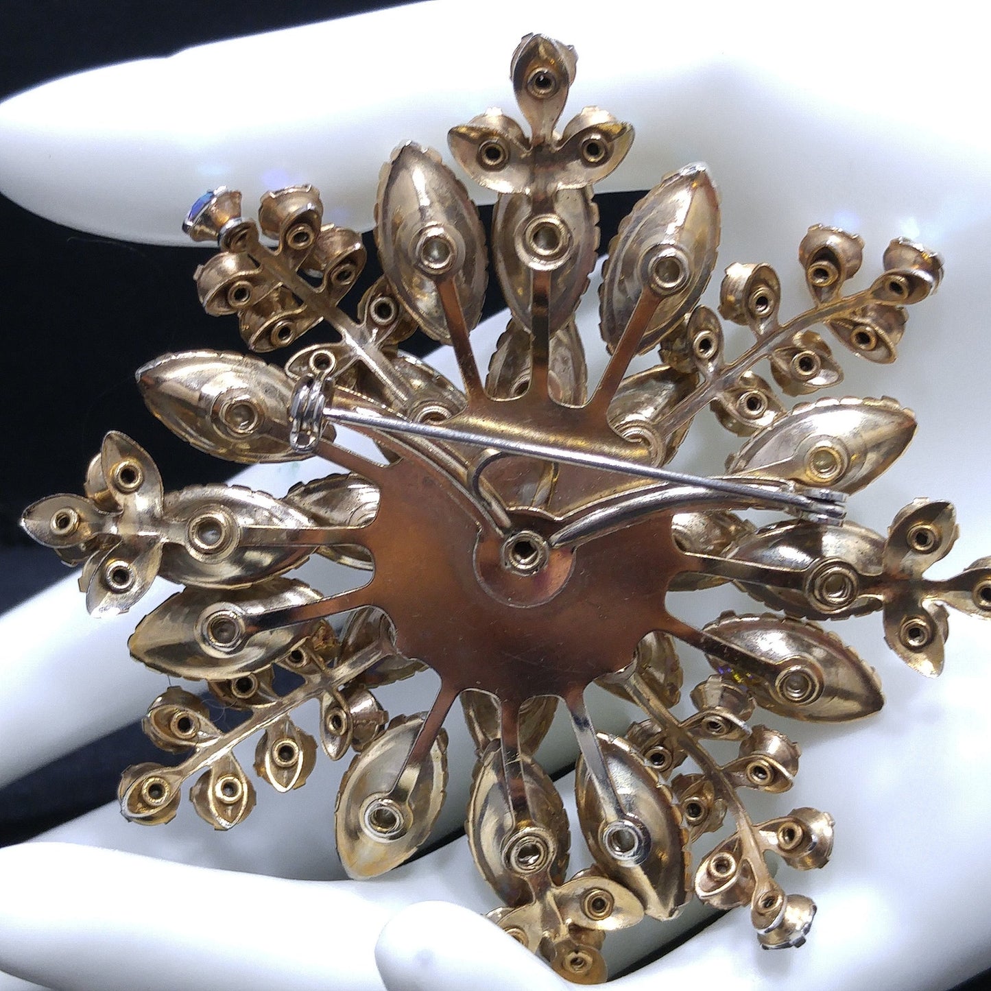 Large Flower Pearled Lava Glass Brooch, Aurora Borealis Rhinestones, 1950s Vintage Jewelry