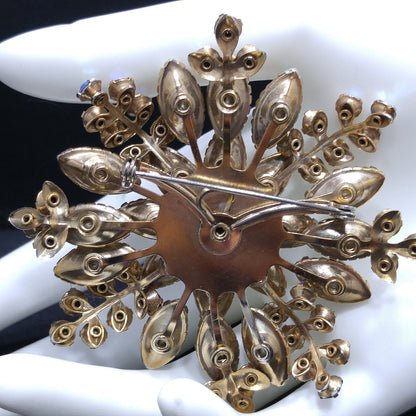 Large Flower Pearled Lava Glass Brooch, Aurora Borealis Rhinestones, 1950s Vintage Jewelry