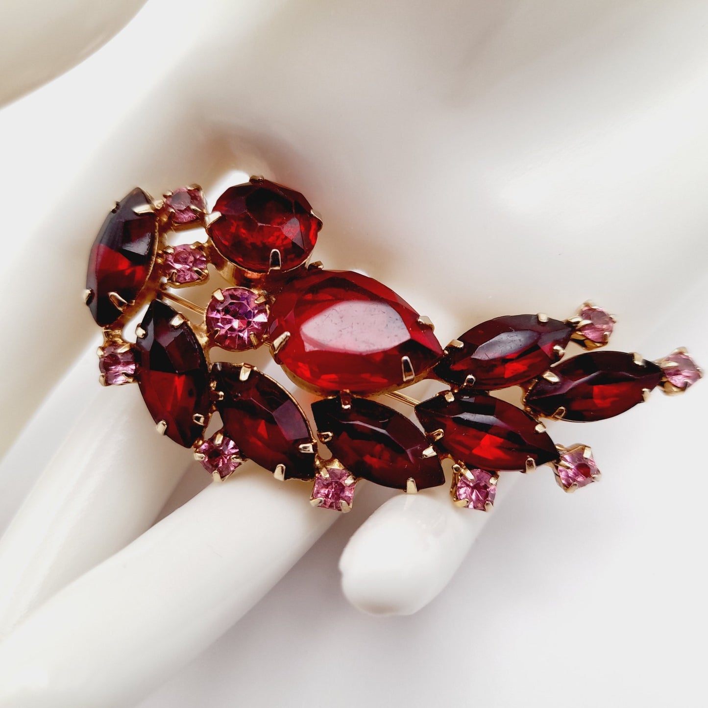 Vintage Red Pink Rhinestones Floral Spray Gold Plated Brooch Pin, 2 1/2 Inches