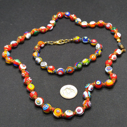Murano Millefiori Beaded Necklace Bracelet Set, Hand Blown Glass, Hand Knotted in Red, 1950s Vintage Jewelry