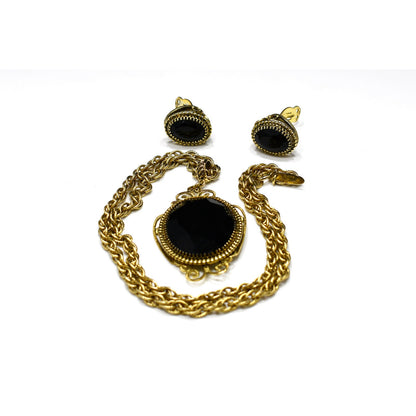 Whiting & Davis Victorian Black Gold Pendant Necklace Set, Clip Filigree Earrings, 1960s