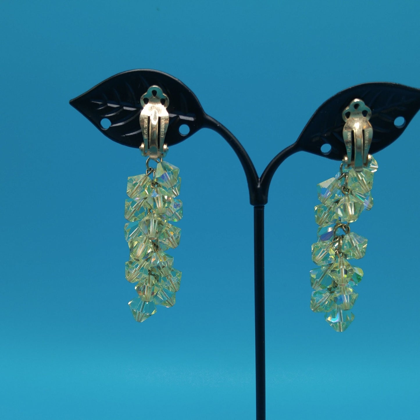 Lewis Segal Yellow Drop Clip Earrings, Aurora Borealis, 1960s Vintage Jewelry
