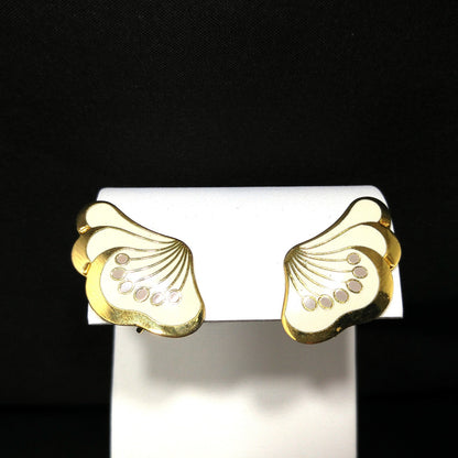 Laurel Burch "Le Fleur" Gold & White Clip Earrings, Gold Plated, 1980s Vintage