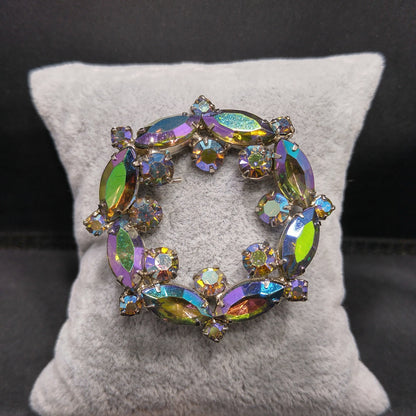 Blue Vitrail Rhinestone Wreath Brooch, 1960s Vintage Jewelry, Rhodium Plated
