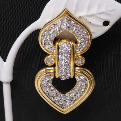 Swarovski Swan Logo Gold Plated Heart Drop Clip Earrings Clear Pave Crystals 90s