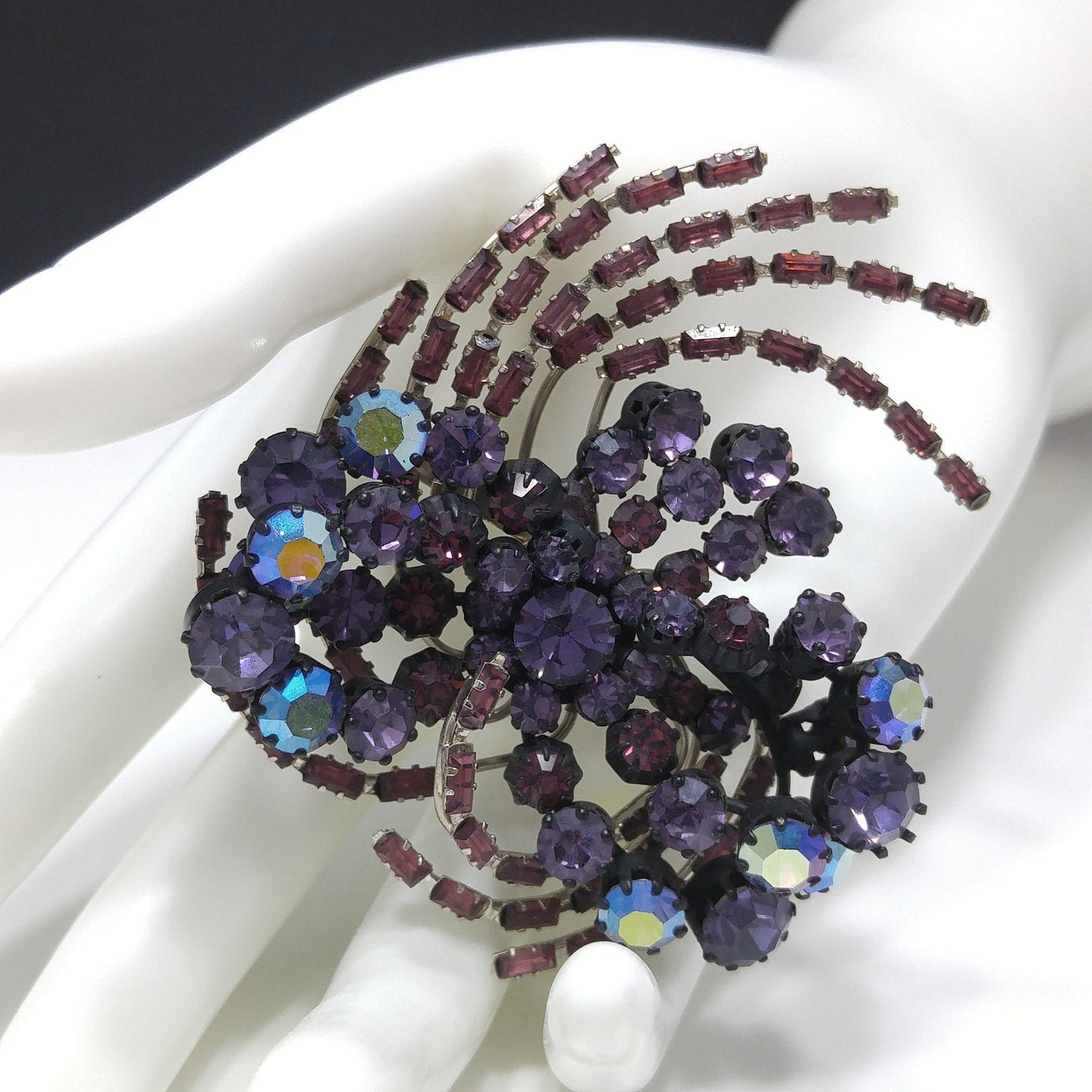 Purple Rhinestone Japanned Made in Austria Brooch, Aurora Borealis, 1960s Vintage