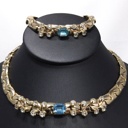 Vintage Gold Tone Chain Rhinestone Necklace & Bracelet Set, Sky Blue