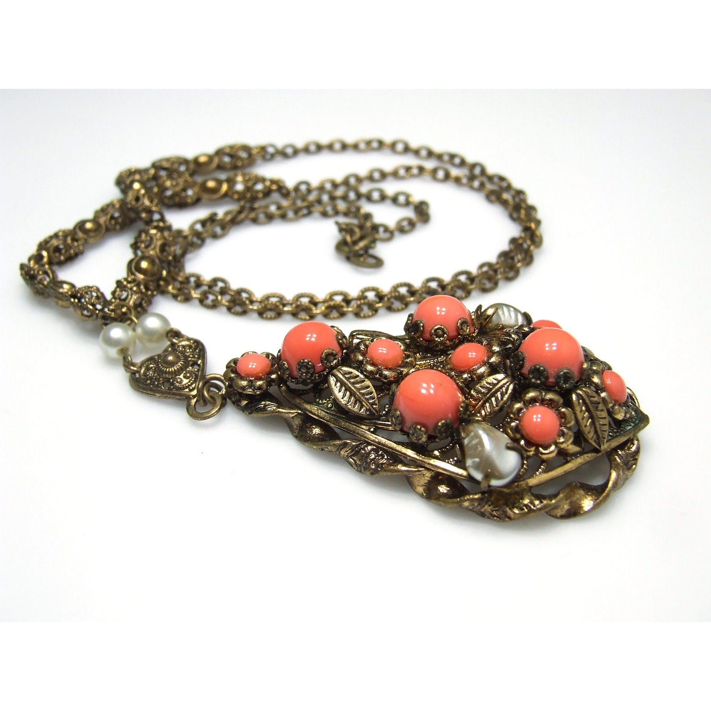 West Germany Orange Cabochon Glass Rhinestone Necklace, Faux Pearls, 1950s Vintage Jewelry