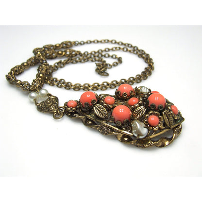 West Germany Orange Cabochon Glass Rhinestone Necklace, Faux Pearls, 1950s Vintage Jewelry