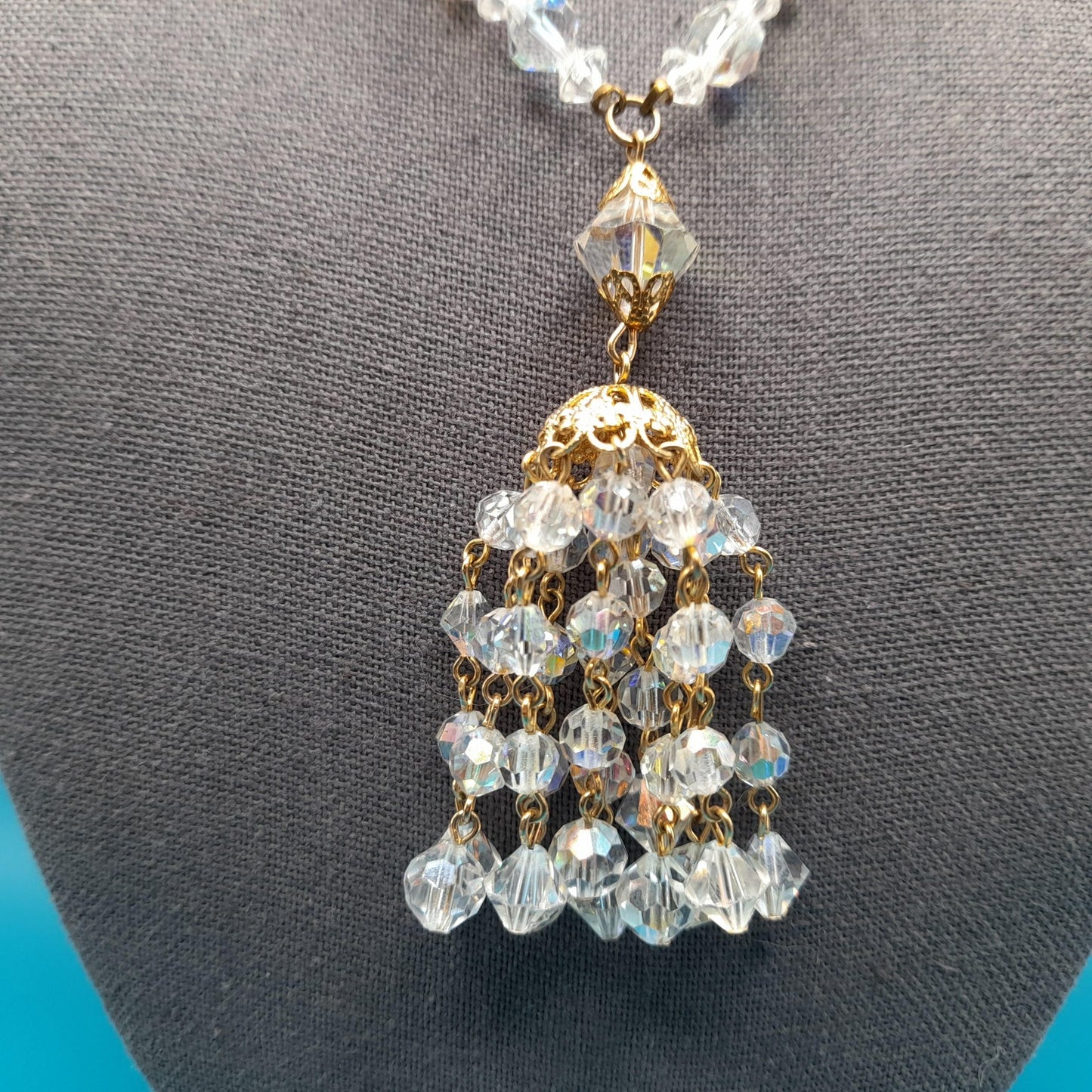 Clear Aurora Borealis Tassel Necklace, Bicone Round Aspirin Crystal Beads, 1960s Vintage Jewelry