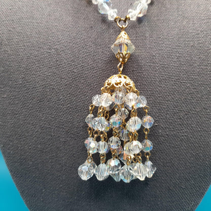 Clear Aurora Borealis Tassel Necklace, Bicone Round Aspirin Crystal Beads, 1960s Vintage Jewelry