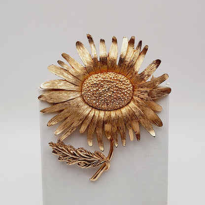 Vintage Marvella Signed Sunflower Brooch - 2 3/4 Inches, Gold Plated