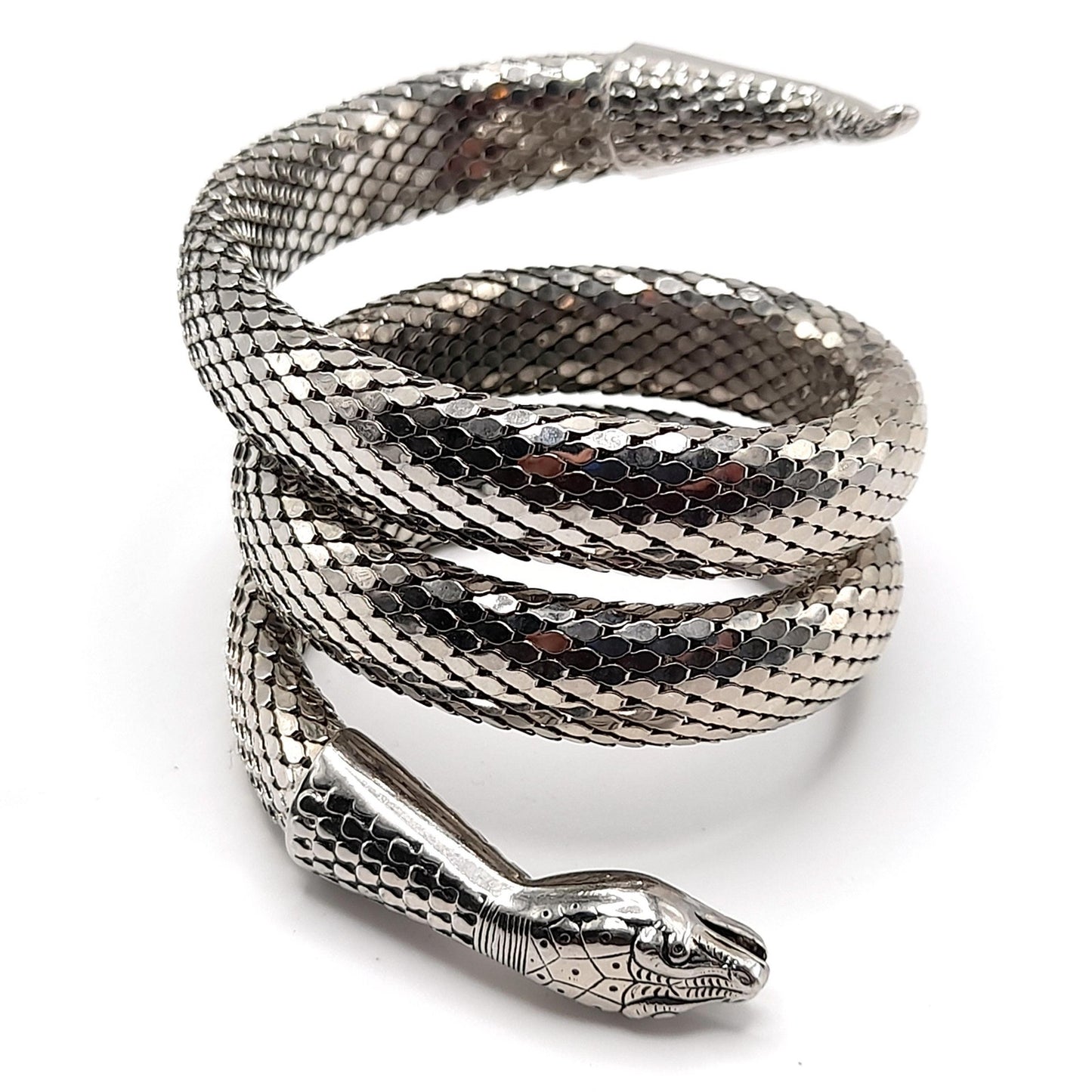 Whiting & Davis Snake Mesh Coil Bracelet, Rhodium Plated, Book Piece, 1970s Vintage Jewelry