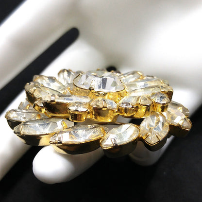 Mid-Century Clear Crystal Rhinestone Flower Brooch, Gold Plated, 1960s Vintage Jewelry