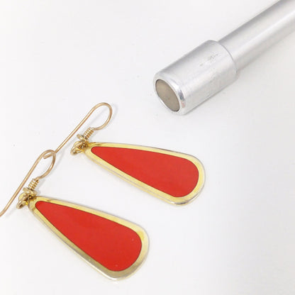 Laurel Burch Red & Gold Teardrop Earrings, Gold Plated, 1980s Vintage Jewelry