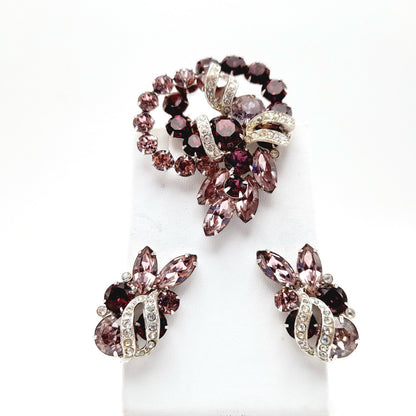 Vintage Eisenberg Purple Rhinestone Rhodium Plated Jewelry Set: Brooch Earrings