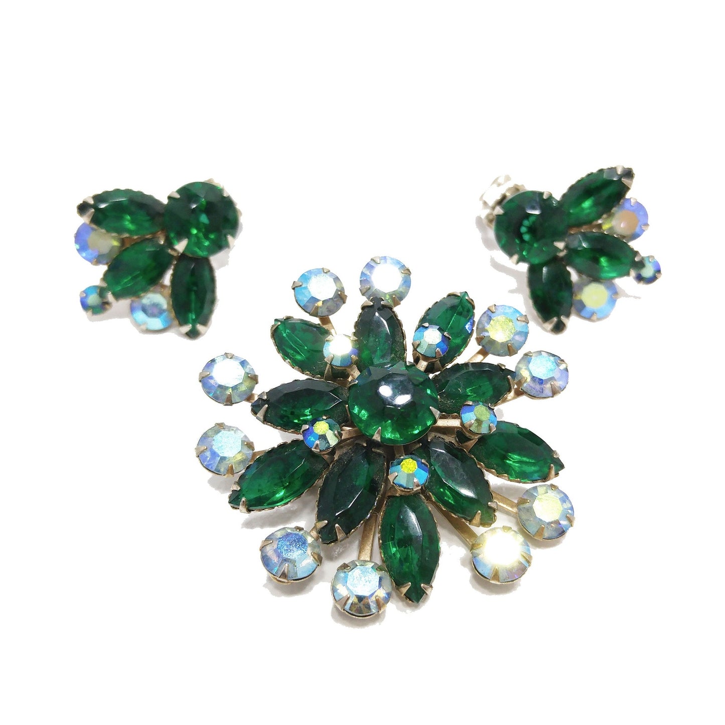 Mid-Century Green Rhinestone Flower Brooch & Earrings, Aurora Borealis, 1950s