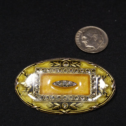 Catherine Popesco Oval Brooch, Cream & Gold Enamel, Rhinestones Under Enamel, France, 1980s Vintage Jewelry