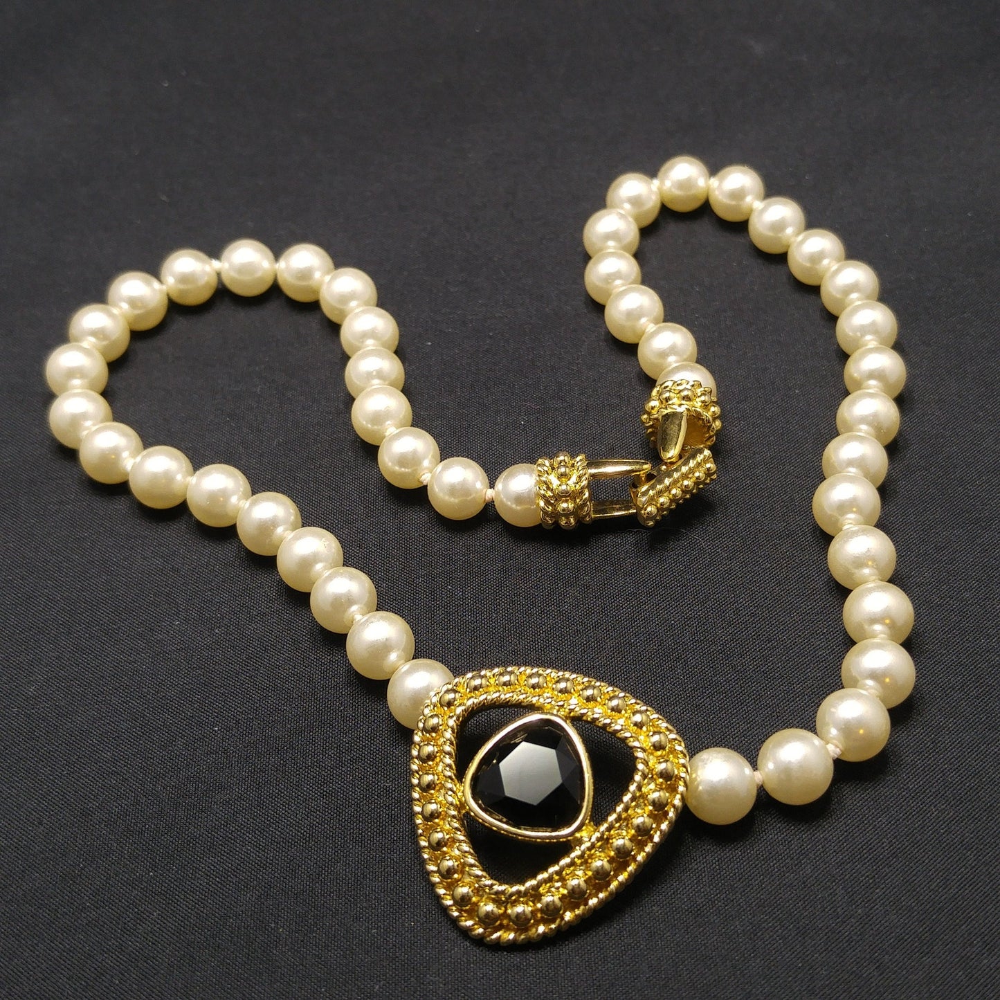Swarovski Faux Pearl Necklace with Black Crystal Pendant, Gold Plated, 1990s Vintage