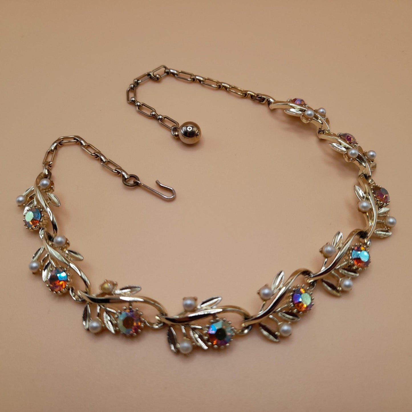 Vintage Light Topaz Rhinestone Choker Necklace, Faux Pearls, 1950s, 15 In
