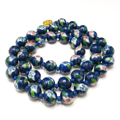 Vintage Chinese Hand Knotted Beaded Necklace, Blue Hand Painted Floral Beads, 1960s Vintage Jewelry