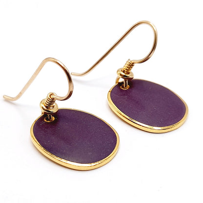 Laurel Burch Purple Enamel Earrings, Vintage Gold Plated Drop Earrings, 1980s Artistic Designer Jewelry