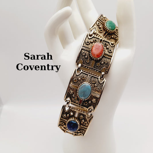 Vintage Sarah Coventry Granada Bracelet – Multicolor Cabochons, Gold Tone, 1960s Statement Jewelry
