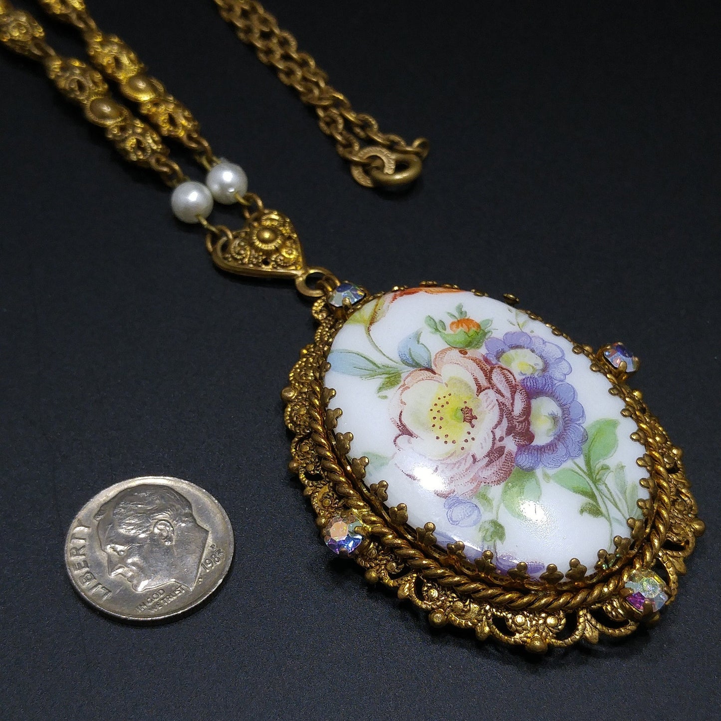 Western Germany Purple Floral Pendant Necklace, Filigree Rhinestones Faux Pearls, 1950s Vintage Jewelry